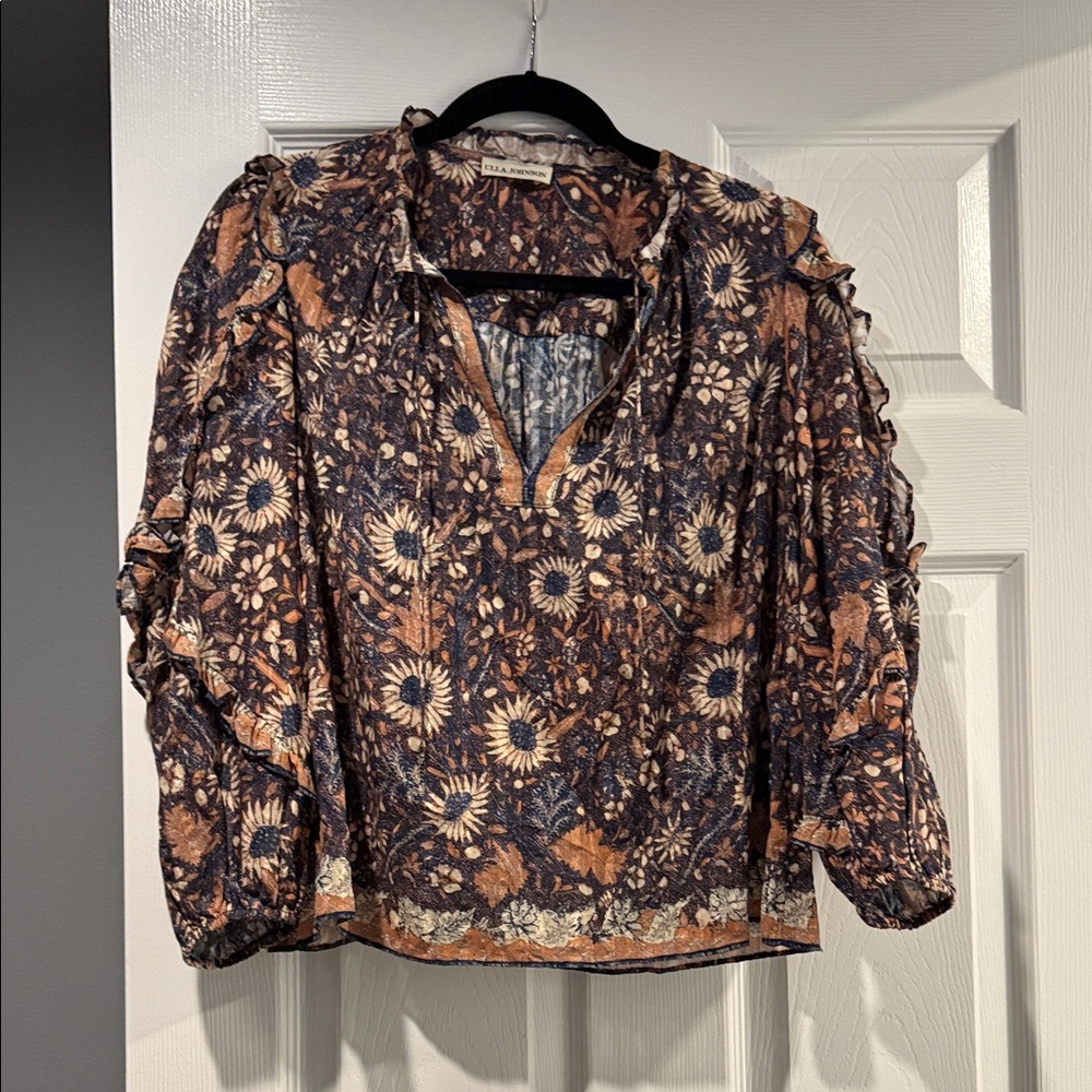 Ulla Johnson Floral Blouse in Navy and Tan